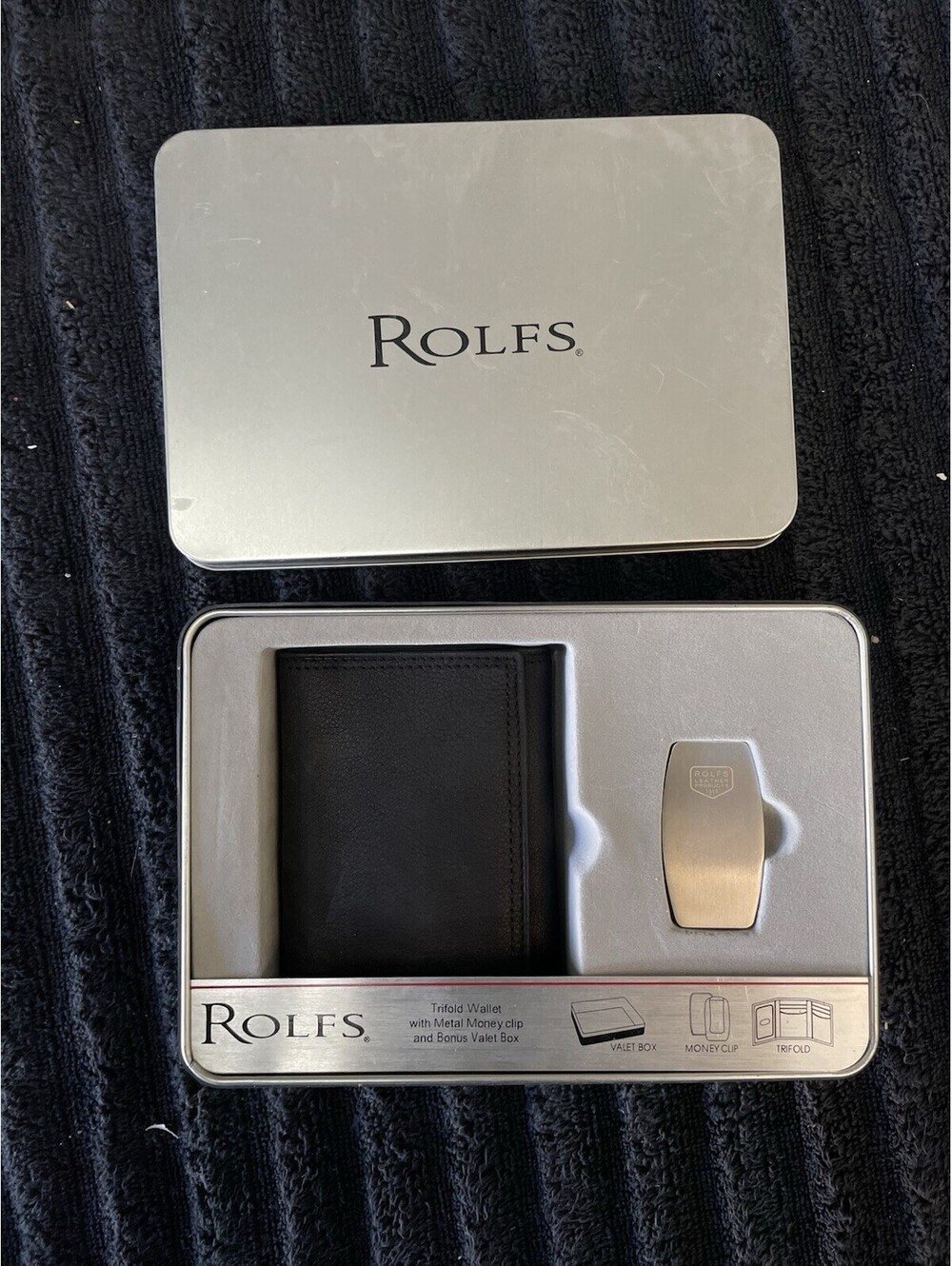 ROLFS Tri-Fold Black Leather Wallet with Money Clip Tin Box. NEW